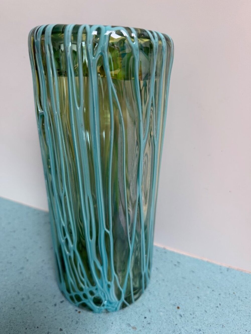 Murano Handblown Translucent Vase With Melted Threads Green Aqua Vintage